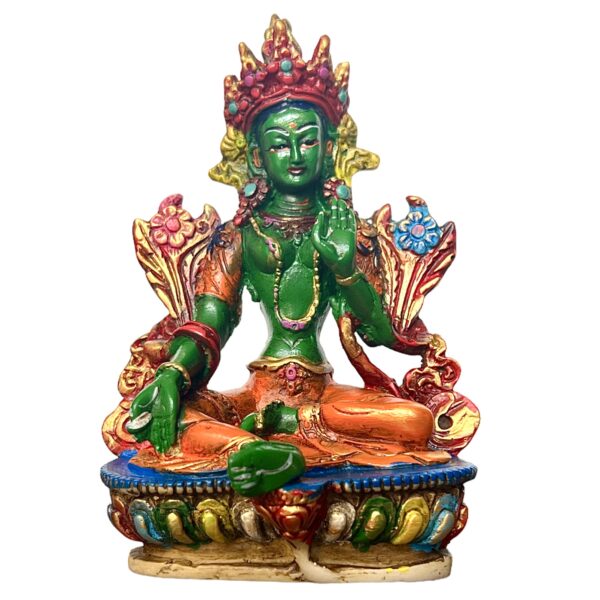 Impresionante Estatua de Resina Tara Verde de 15 cm, una obra de arte única pintada a mano que personifica la belleza y la vitalidad de la Diosa Tara.