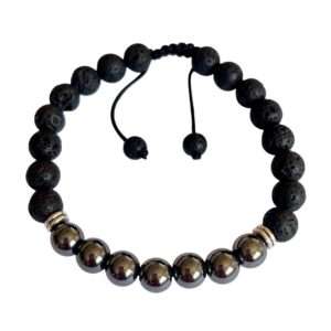 Pulsera Mala Piedra Volcánica con Hematita – Sanación Reiki